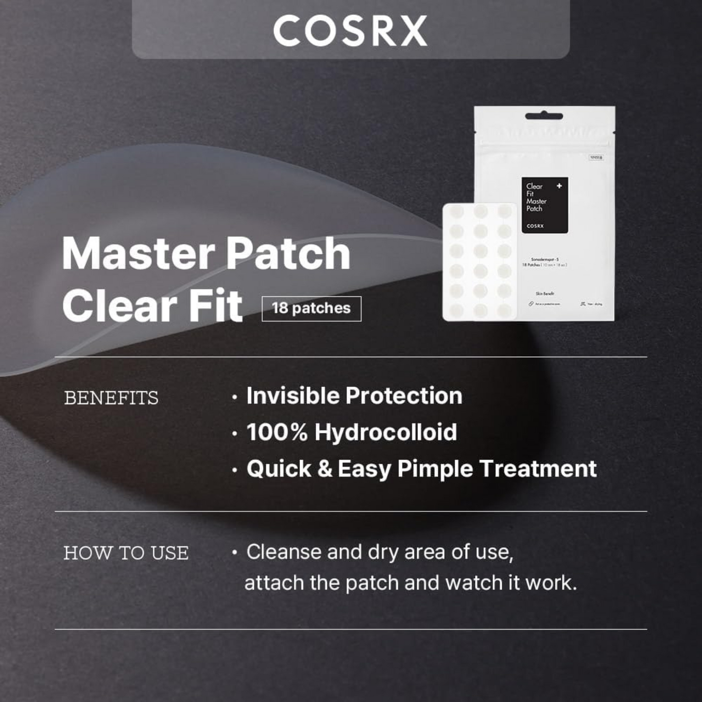 COSRX Clear Fit Master Patch, acne spot patch, pimple patch, hydrocolloid acne patch, clear acne patch, acne treatment UK, blemish patch, spot treatment, COSRX acne patch, invisible pimple patch, acne healing patch, best pimple patch UK, skincare for acne, acne care solution, fast acne healing