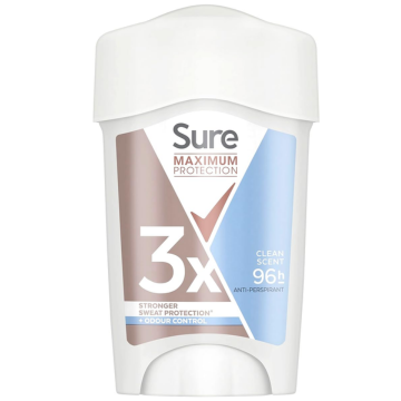 Sure Maximum Protection Clean Scent Anti-Perspirant Cream Women's Deodorant Stick with 3x stronger* sweat protection for 96 hour sweat and odour protection 45 ml