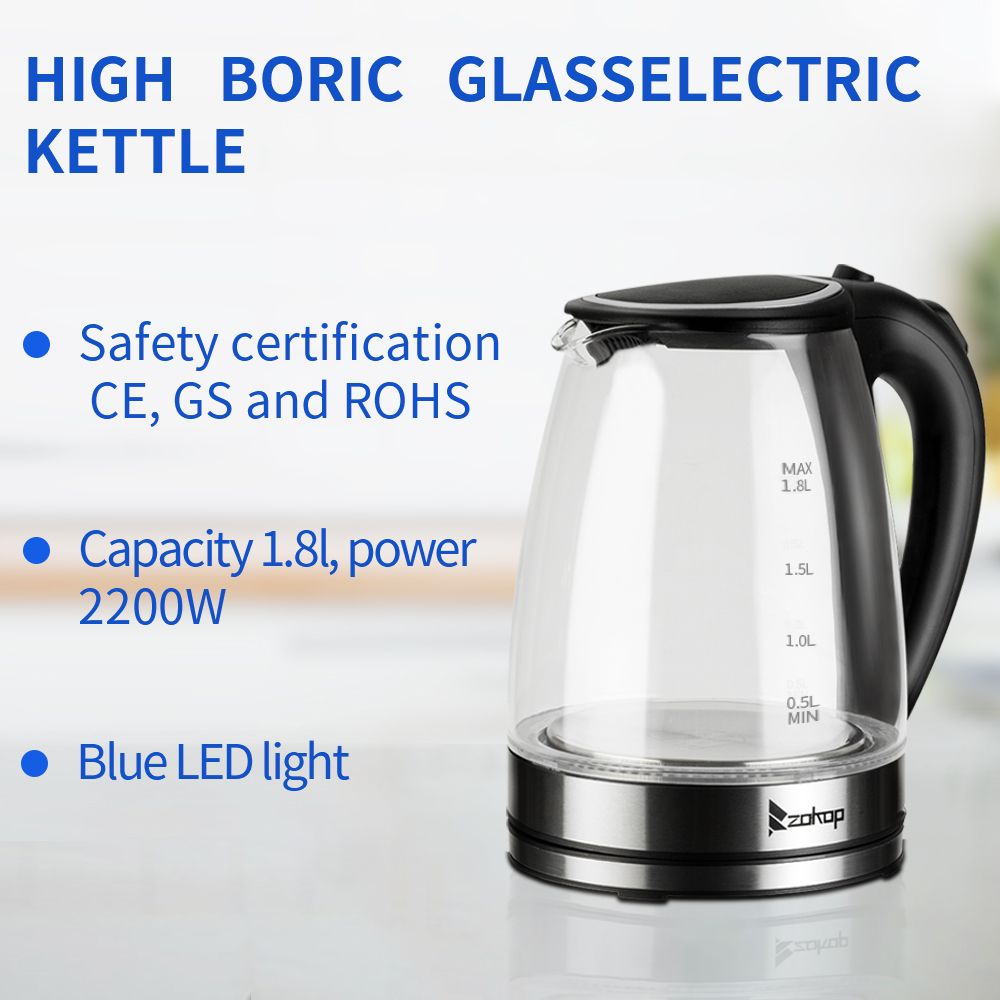 Elegant Blue LED 1.8L Electric Glass Kettle - 2000W UK Plug HD-1857-A