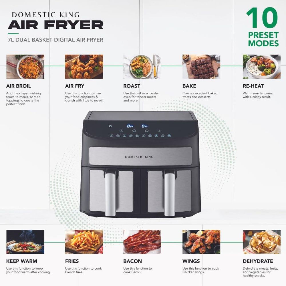 Domestic King 7L Dual Basket Air Fryer - 2400W Powerhouse Cooking!